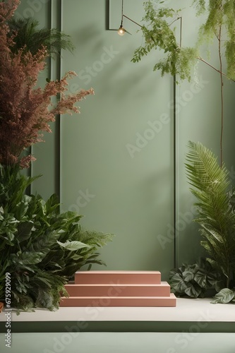 Natural Minimalist Product Display Podium with Foliage Decorations. 3D Realistic Empty Pedestal