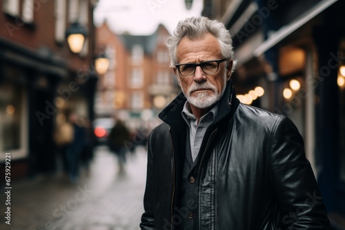 Portrait of a senior man with grey hair and beard wearing black leather jacket and eyeglasses walking in the city. © Nerea