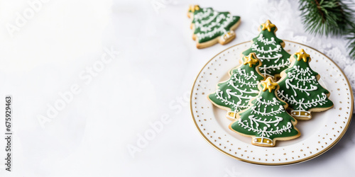 A Plate of Christmas Tree Cookies with Space for Copy