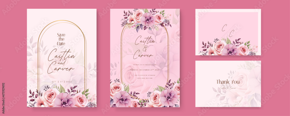 Pink and purple violet rose and cosmos modern wedding invitation template with floral and flower