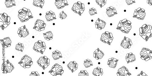 Vector illustration. Contour pattern. Cakes, donuts, croissants, macarons in sketch style. Hand drawn food elements. Desserts and sweets food doodle background with copy space for text.