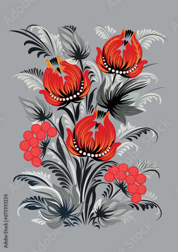 Ukrainian national ornament, red and gray tones. Red flowers, branches, repeating pattern, gray background. Vector image for printing on clothes, objects, paintings, printing, postcards.
