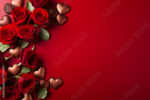 Frame of red roses and chocolates  with plain red background and copy space