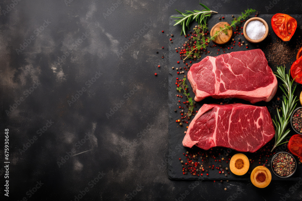 Fresh raw red meat beef steaks on slate board, text copy space, view from above, spices, seasoning for cooking, grilling on dark counter table background.