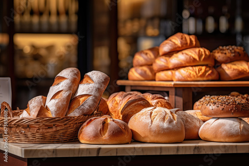 French bakery, different kinds of delicious fresh breads, cakes, buns and pastries in a baker shop cafe, front view