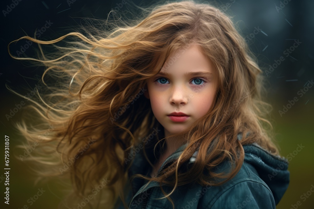 portrait of a beautiful little girl with long hair in the wind