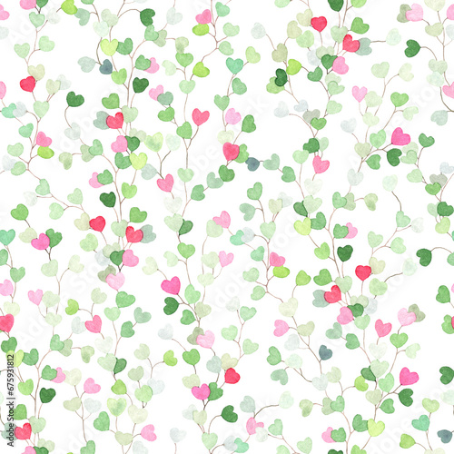 Abstract seamless pattern with delicate hearts pink and green colors on branches, isolated watercolor illustration for holiday wrapping paper, textile or decorative floral background.