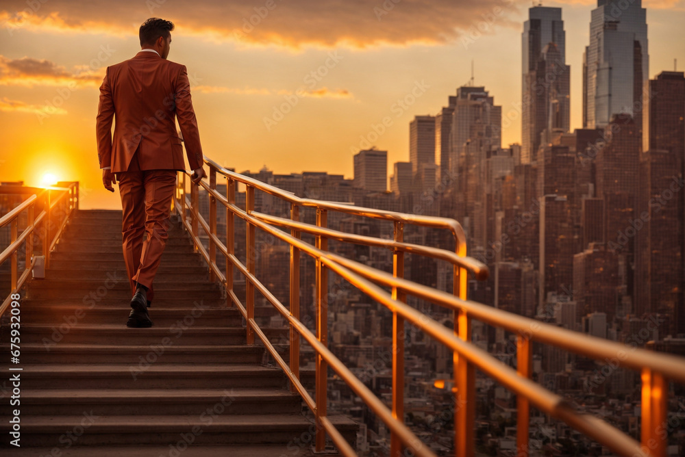 Fototapeta premium Orange-suited Businessman: Conquering the Stairs of Success