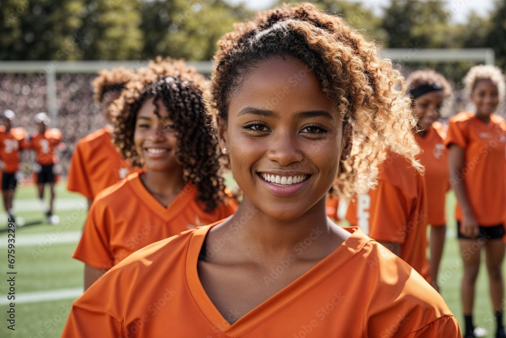 Happy African American female American football player on the field with her team, wearing orange uniforms. Happy African American female American football player on the field with her team, wearing orange uniforms.