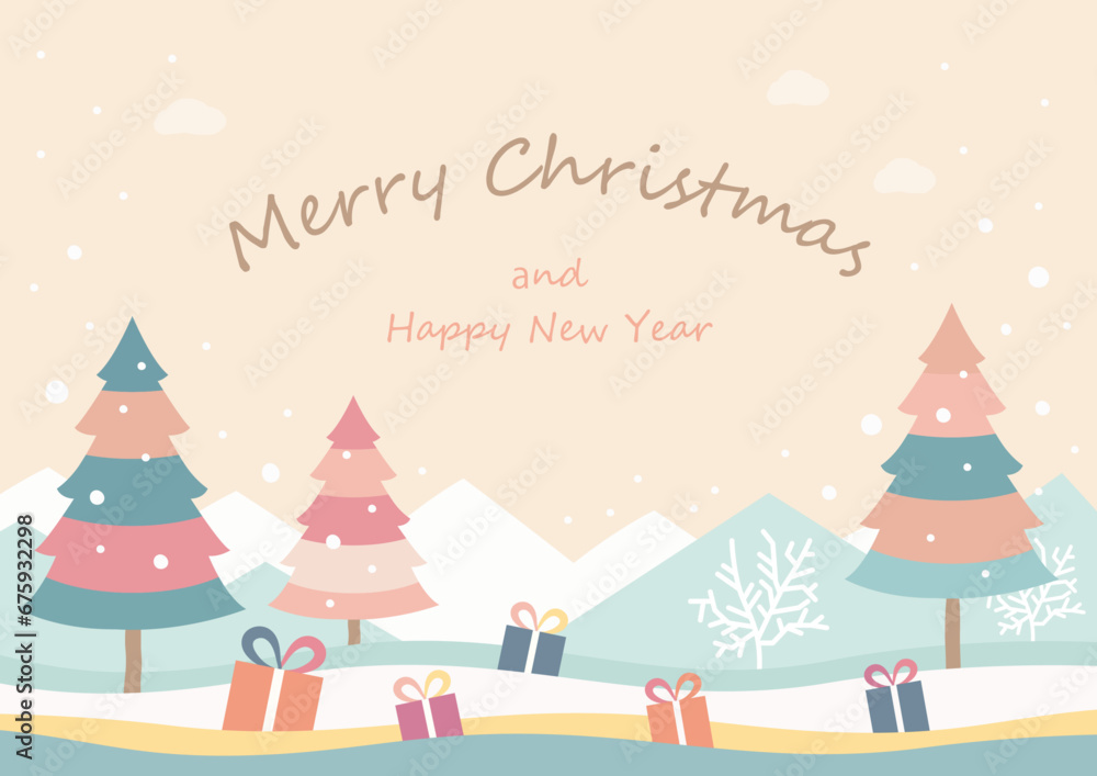 ツリーとプレゼントのクリスマスカード、フラットデザイン背景ベージュ