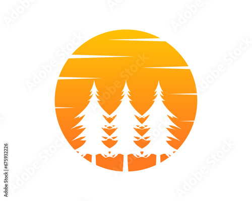 Pines tree silhouette in sunset vector logo