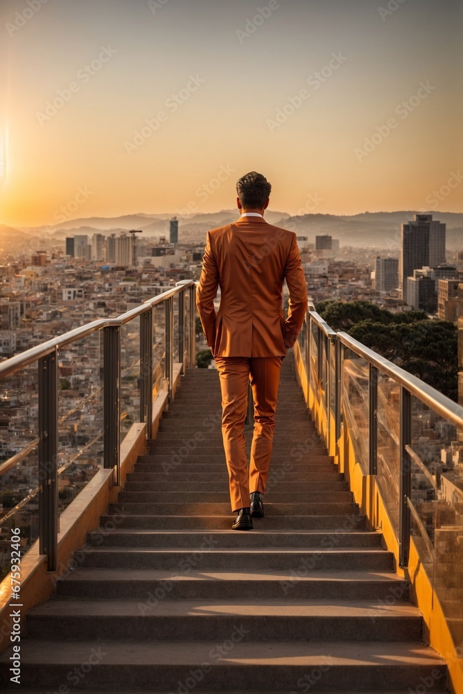 Fototapeta premium Orange-suited Businessman: Conquering the Stairs of Success