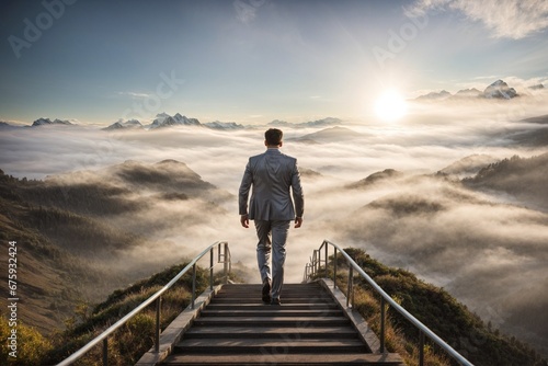 Climbing to Success: Businessman in Gray Suit on a Mountain Trail. © alexx_60