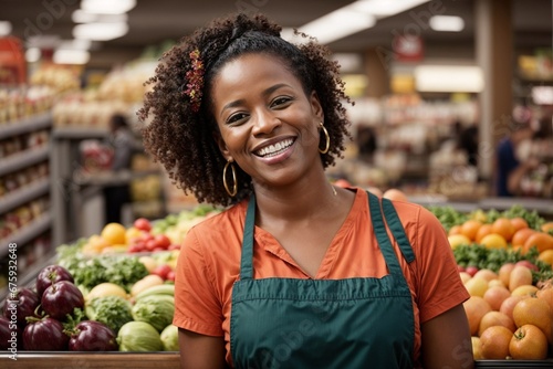 Happy Afro-American female vendor in the fresh produce section.