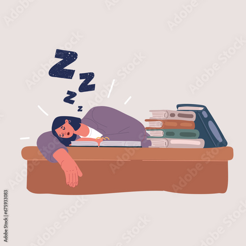 Vector illustration of Tired young woman student sleeping on table during reading for examination at home concept of overworked, knowledge and exam problem
