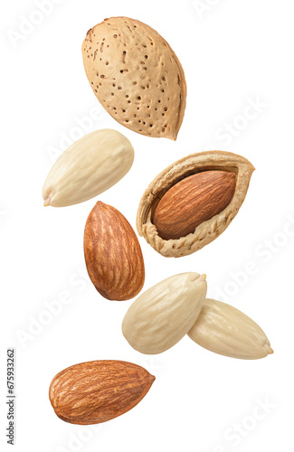 Flying almond in shell isolated on white background. Blanched nuts. photo