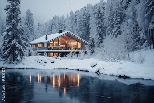 Illuminated modern cabin reflected on frozen lake amidst snow-covered trees in serene winter landscape.