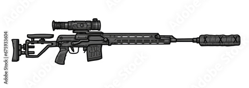 Close-up of a black SVD sniper rifle on an isolated white background. Art Line photo