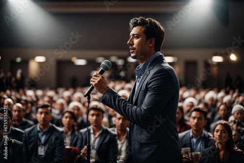 Charisma of the Speaker: A Man Speaking in Front of an Audience in a Hall.