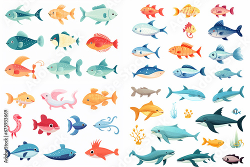 icon set of fish and aquatic animals on white background, isolated of color aquatic animals