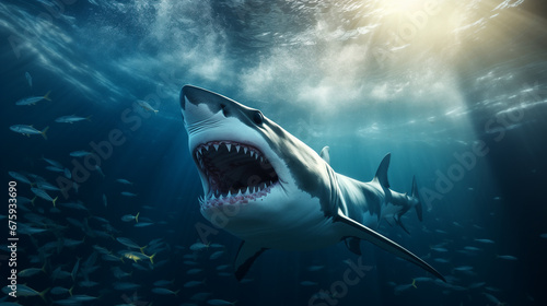 large fierce deep-sea shark is chasing small fish to eat, sea life in underwater world © Winyou