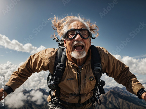 Extreme Jump: Happy Elderly Man Parachuting in Freefall