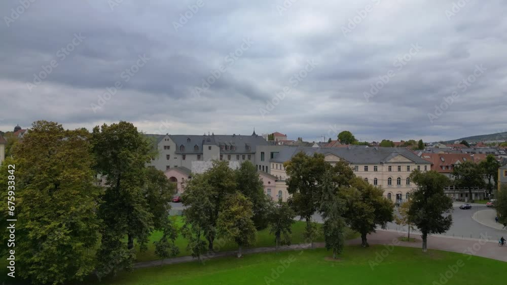 Unbelievable aerial view flight drone. Cityscape old Town Weimar autumn Germany Unbelievable aerial view flight drone. Cityscape old Town Weimar autumn Germany
