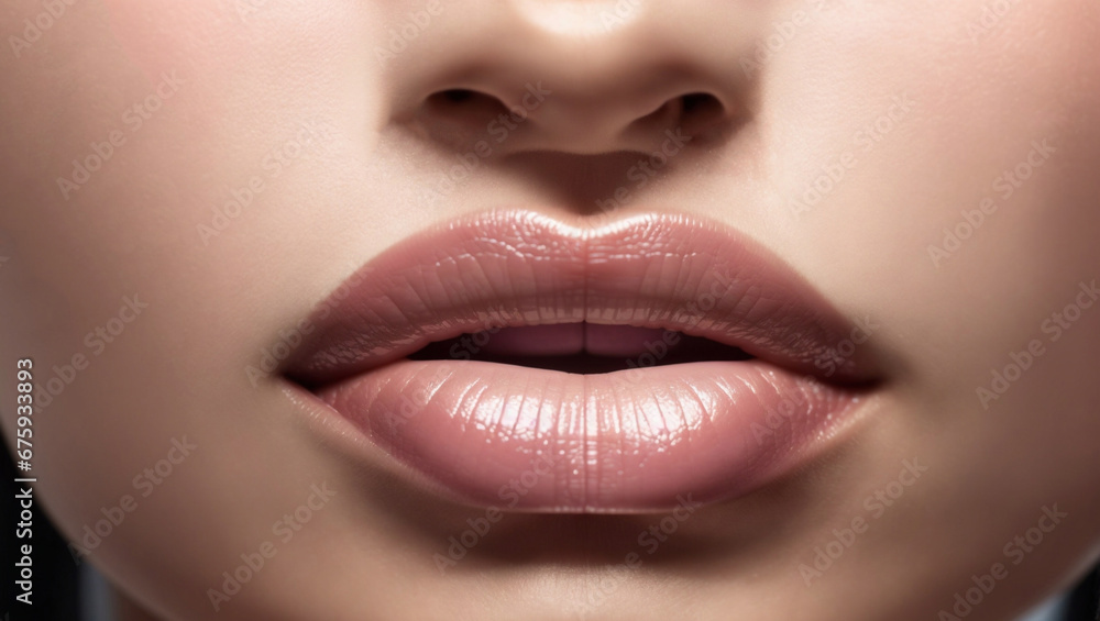 Obraz premium Beautiful Woman's Lips with Neutral Lipstick: Close-up Shot