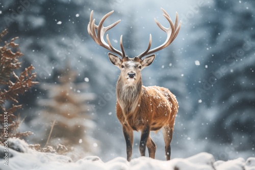 Majestic stag in snowy forest, wildlife in winter landscape. Wildlife and nature conservation.