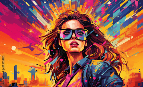 Vibrant Pop Art style that showcases woman at the world of blockchain and cryptocurrencies and NFT. 