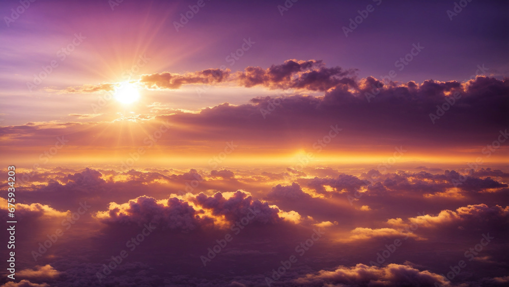 Fototapeta premium Beautiful Aerial Sunset Landscape with Sun and Clouds in Purple-Orange Tones