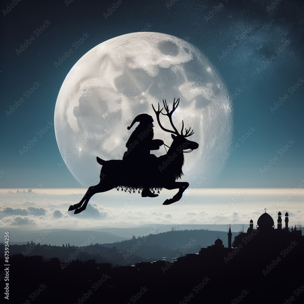 santa claus flying across night sky with full moon and stars on sleigh ...