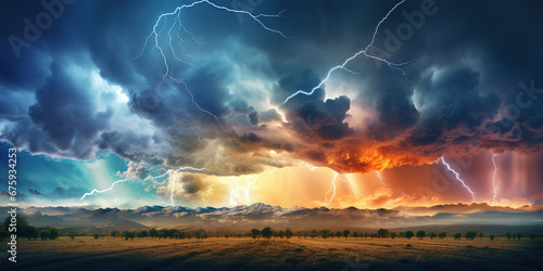 Panoramic view of dramatic sky with gray rainy clouds with lightnings over beautiful summer meadow before storm. Summer rural landscape in rainy weather. Weather forecast concept. photo