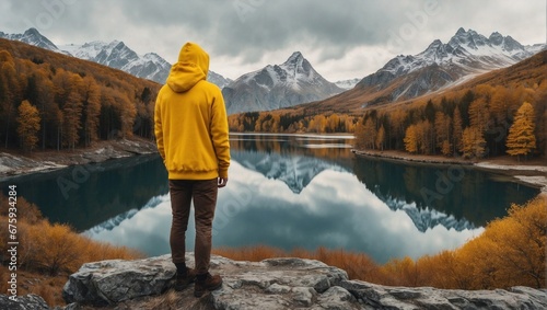 Mountain Retreat: Man in Yellow Hoodie Against Perfect Lake and Mountain Background