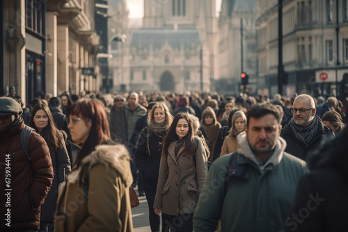 Crowd of people walking on a street in London.