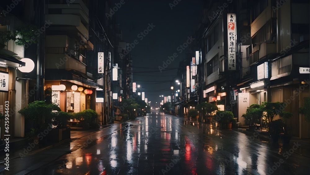 Traditional Town at Night with Rain, Asian, Classic, Retro, Illustration
