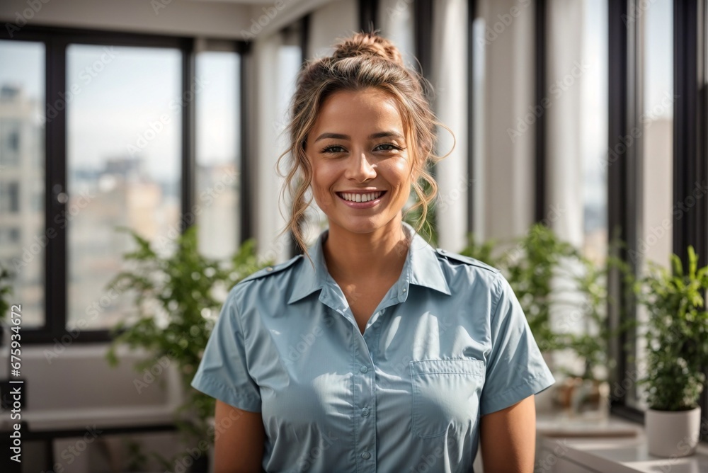 Woman chambermaid receptionist in hotel uniform against the background of apartments, hotel room Woman chambermaid receptionist in hotel uniform against the background of apartments, hotel room