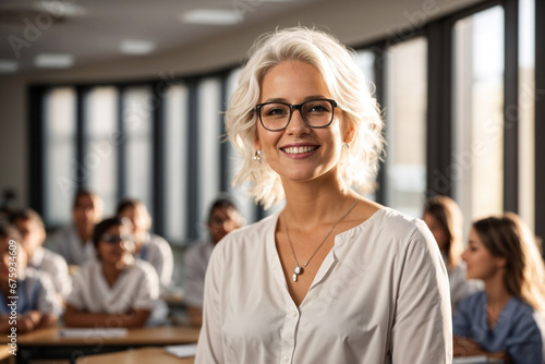 Happy Woman Instructor of a Medical Educational Institution with White Hair and Glasses in Classroom with Students on a Sunny Day photo