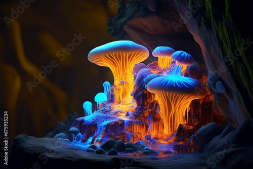 AI generated illustration of large mushrooms emmiting neon lights in darkness photo