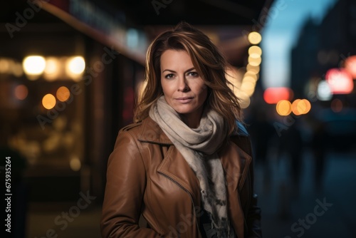 Portrait of a beautiful woman in the city at night with lights on background © Nerea