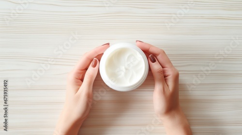 Woman hold jar of moisturizing cream, Face and skincare cream for beauty wellness shine.