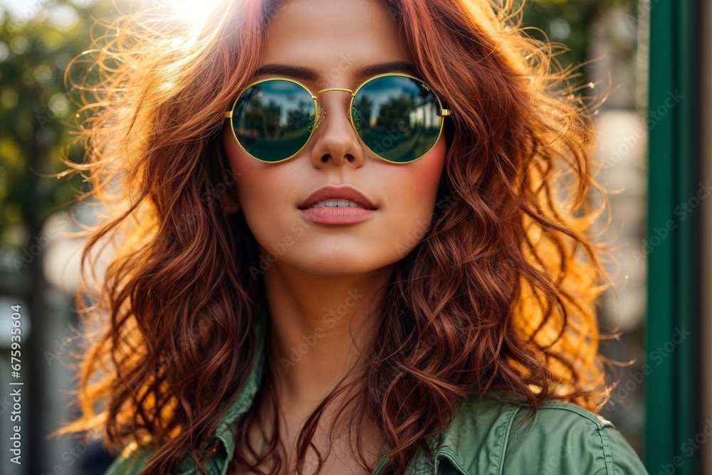Beautiful stylish young woman with red hair in sunglasses in green, portrait Beautiful stylish young woman with red hair in sunglasses in green, portrait