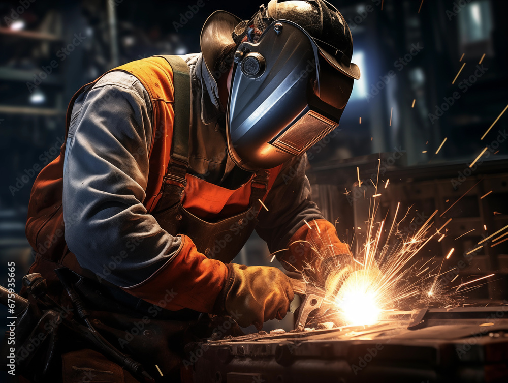 A welder at work in a factory A welder at work in a factory