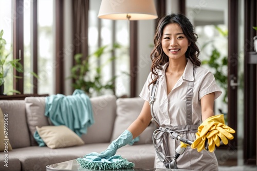 Woman housekeeper in uniform doing wet cleaning in an apartment photo