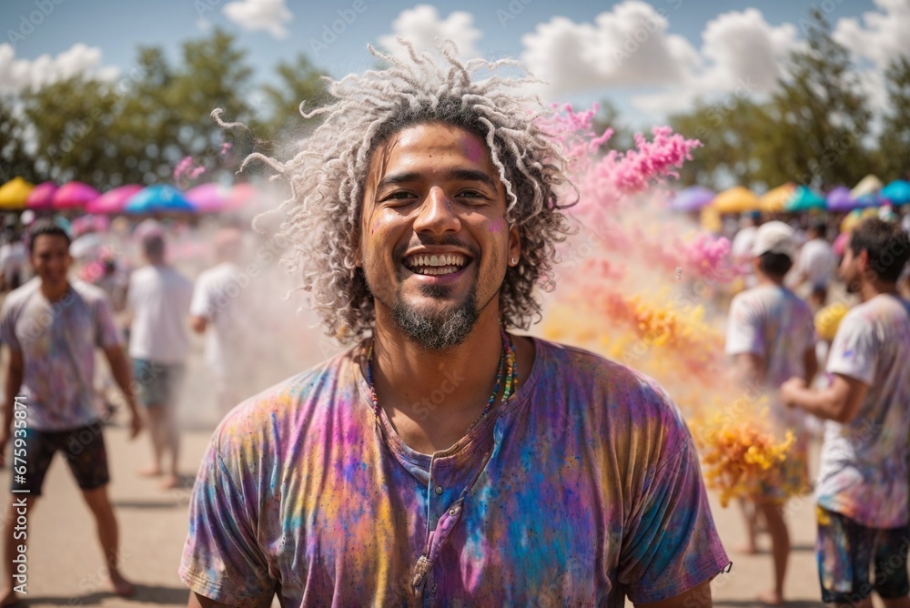 Portrait of a Happy Young Man with Curly Hair at Color Festival Portrait of a Happy Young Man with Curly Hair at Color Festival