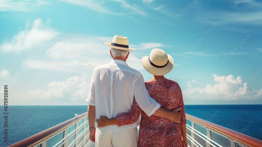 Married couple of spend time on cruise on a huge liner, Summer vacation.