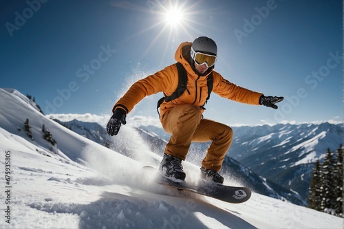 Extreme Snowboarding: Man Descending a Winter Mountain on a Snowboard.