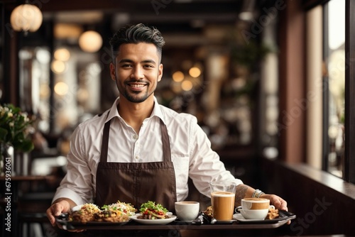 Happy male Waitress in Uniform Holding Tray of Food on Cafe Restaurant Background  Portrait