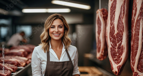 Woman salesperson in uniform in the meat department near fresh meat