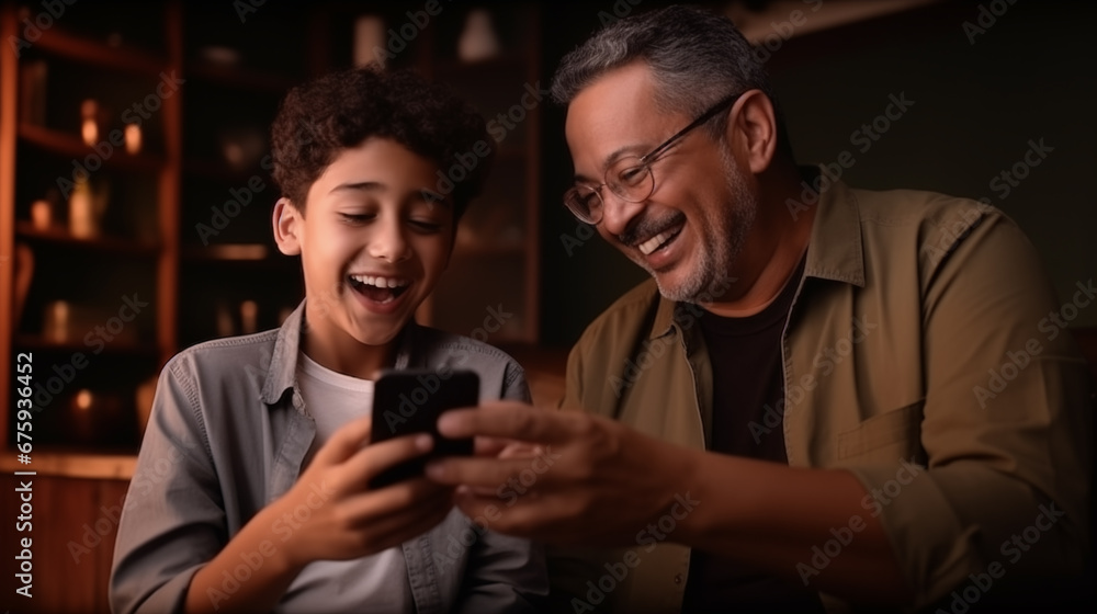 indian senior having fun with grandkids watching media on mobile phone at home